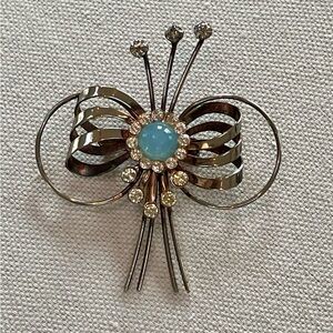 Vintage Silver tone Brooch with Light Blue Moonstone and clear Rhinestones